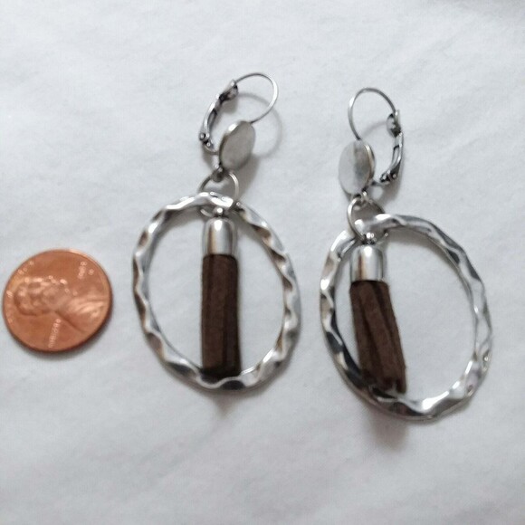Tassel Earrings boho festival circle silver tone brown leather geometric dangle - Picture 3 of 4